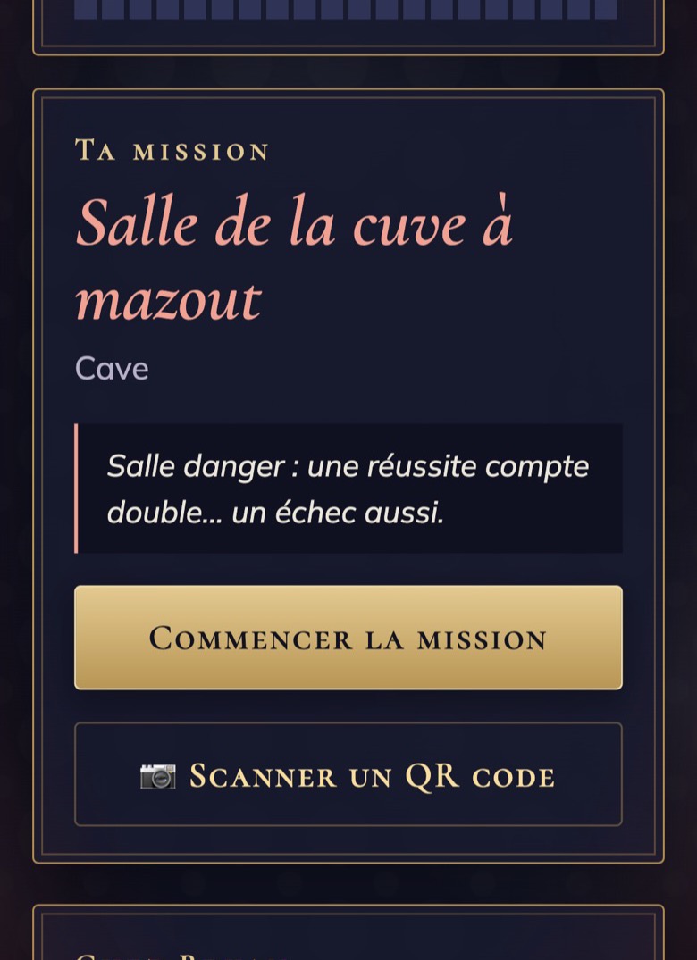 L'écran de jeu : la mission du moment, dans la salle de la cuve à mazout, à la cave.